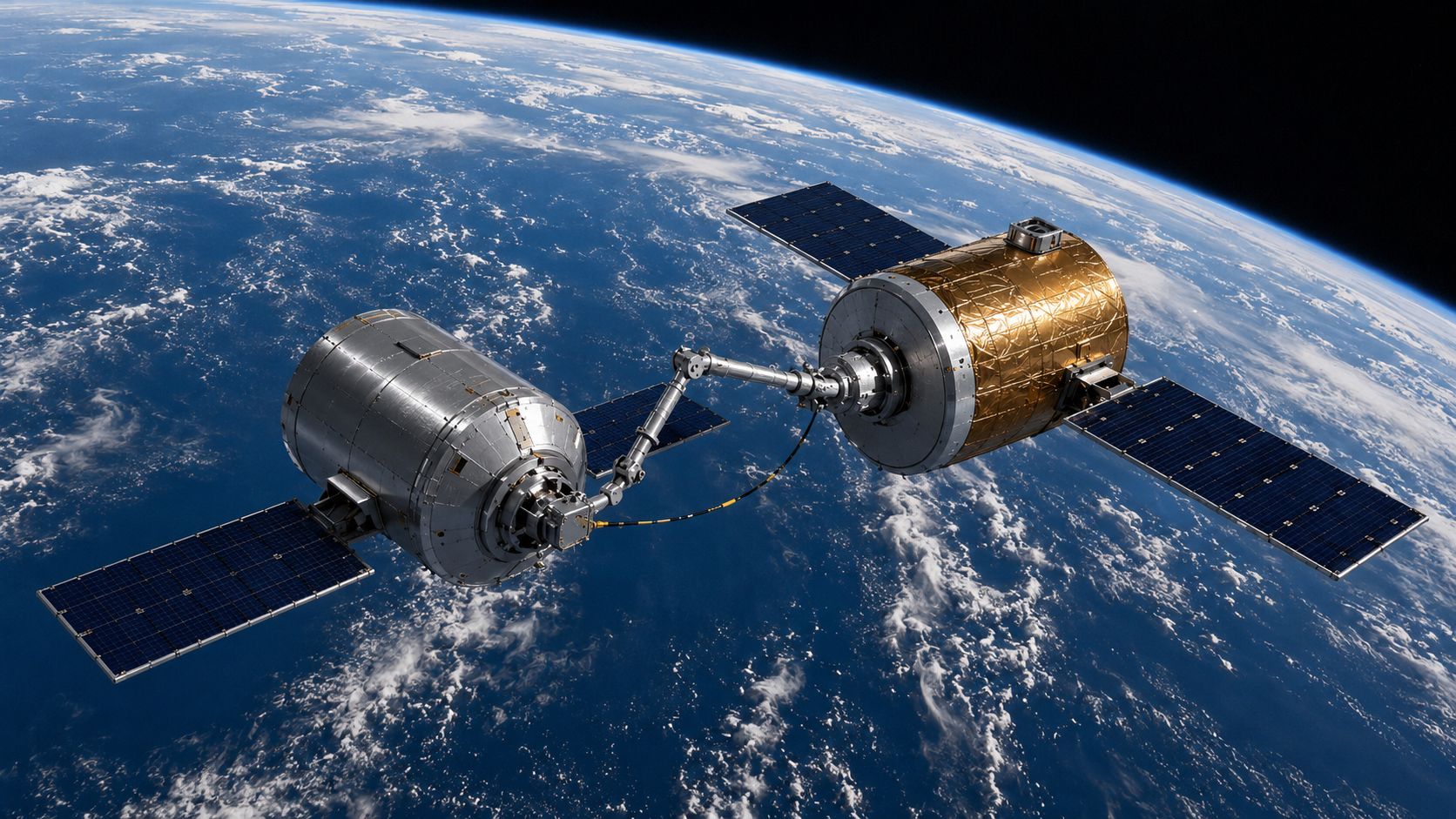 Two spacecraft transferring propellant on-orbit above Earth